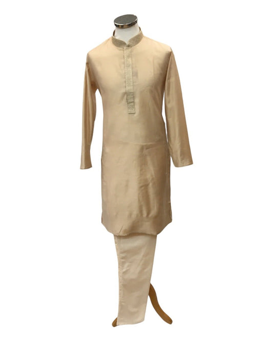 Light Gold / Beige - Cotton Silky Self Brocade Mens Kurta Set - Sangeet Mehendi Haldi - KCS1003 KK 1123 - Prachy Creations