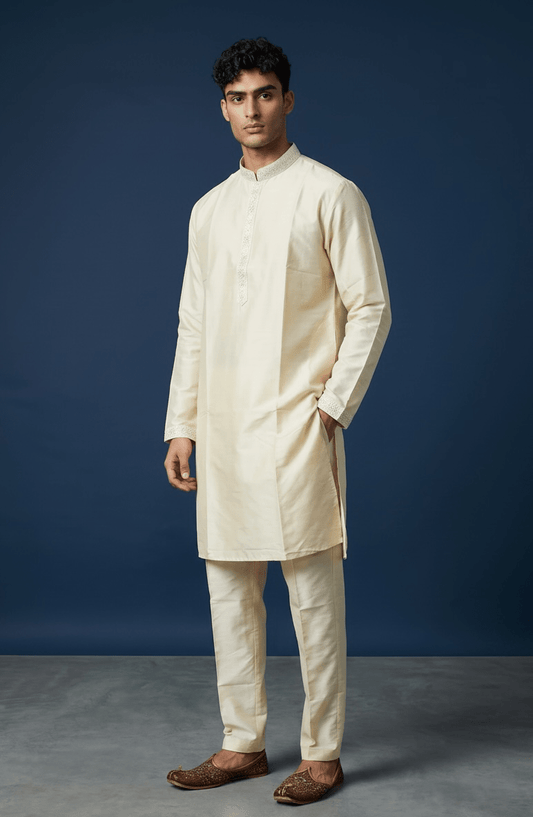 Light Gold / Beige - Silky Mens Indian Kurta set with Trousers - UK Stock - Weddings / Walimas , Sangeet, Diwali, Eid, Mehndi / Henna - PAL2604 KJ - Prachy Creations