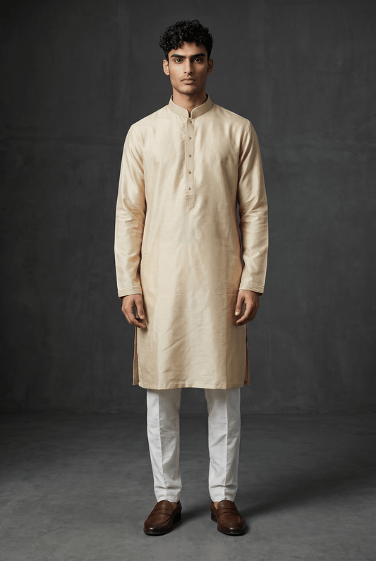 Light Gold / Cream - Silky Handloom Mens Indian Kurta set with Trousers - UK Stock - Weddings / Walimas , Sangeet, Diwali, Eid, Mehndi / Henna - VEE2529 KR - Prachy Creations