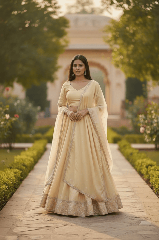 Light Gold - Silky Lehenga Set - Mehndi / Sangeet / Bridesmaids / Weddings / Garba - Size UK 12 (38" Bust) Adjustable to Size 14 - UK Stock - 24h Dispatch - AF2602 02TY26 - Prachy Creations