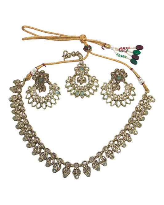Light Green - Medium Antique Gold Finish Necklace set - Bollywood - Weddings - SV875 KY 0923 - Prachy Creations