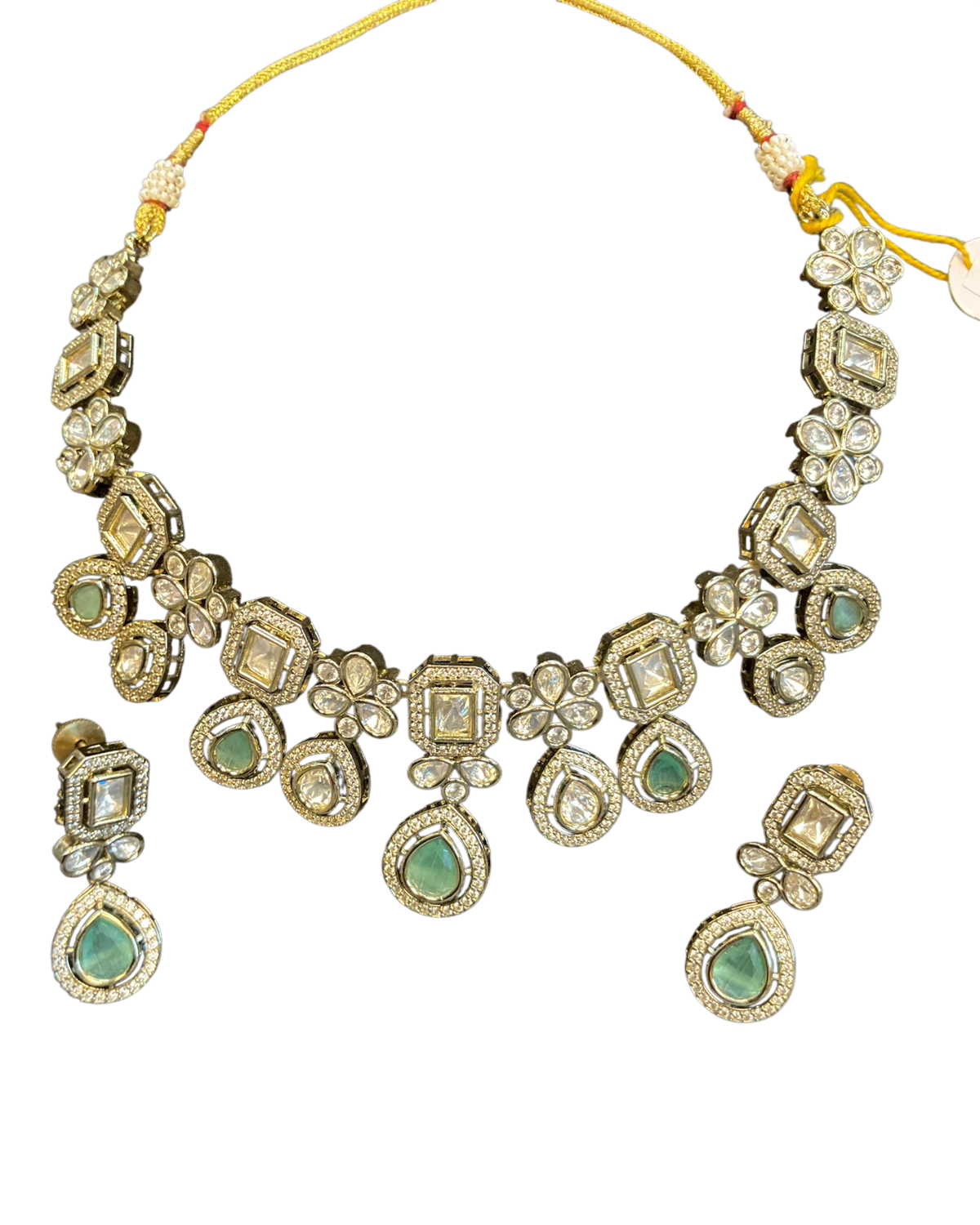 Light Green - Medium Size Antique Gold Finish Choki Necklace Set with Earrings - Bollywood - AVON-KU1320 08KA25 - Prachy Creations
