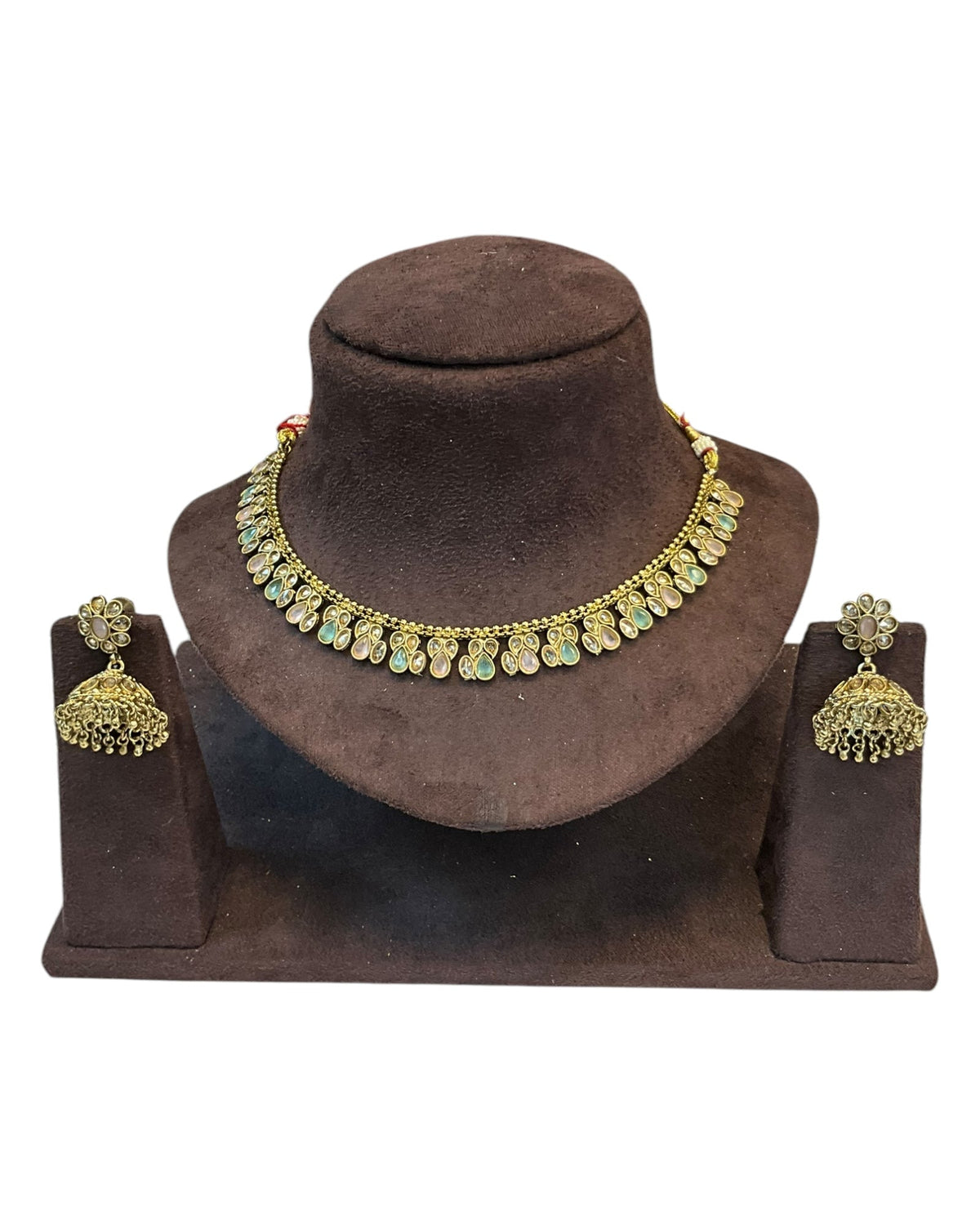 Light Green & Pink - Medium Size Antique Gold Finish Necklace Set - AE2508 H 0525 (Copy) - Prachy Creations