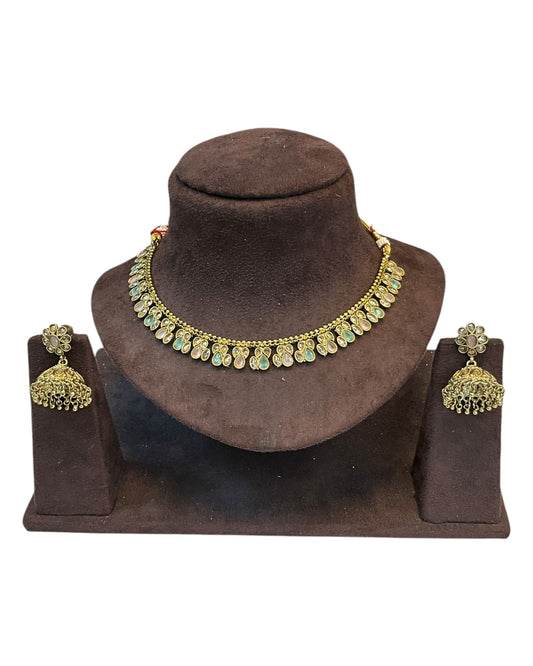 Light Green & Pink - Medium Size Antique Gold Finish Necklace Set - AE2508 H 0525 (Copy) - Prachy Creations