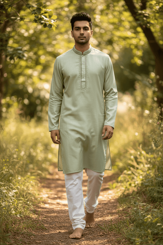 Light Green / Pista - Soft Cotton Mens Kurta Set with Neck Thread Embroidery- Sangeet Mehendi Haldi - KCS1038 03KT26 - Prachy Creations