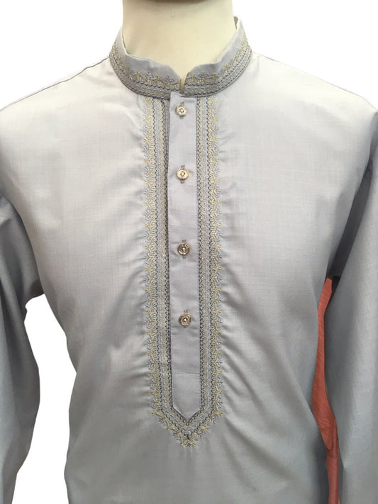 Light Grey - Cotton Mens Kurta Set with Thread Embroidery- Sangeet Mehendi Haldi - KCS1038 KV 1123 - Prachy Creations