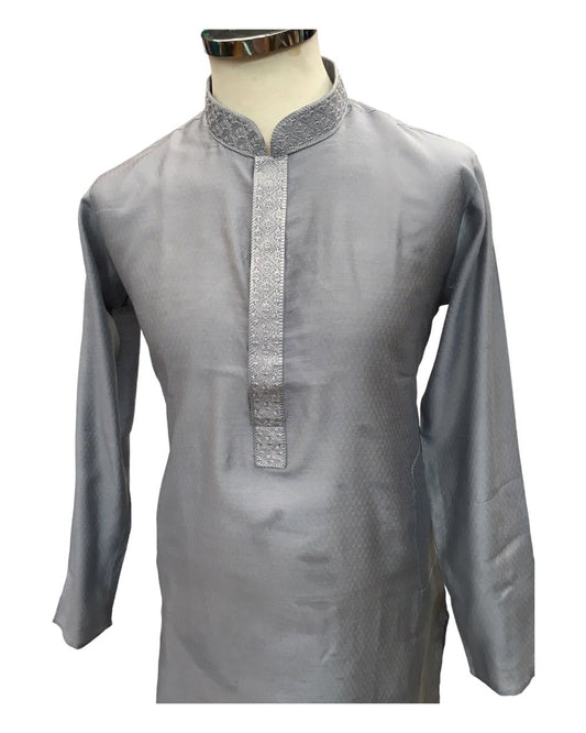 Light Grey - Cotton Silky Self Brocade Mens Kurta Set - Sangeet Mehendi Haldi - KCS1003 KK 1123 - Prachy Creations