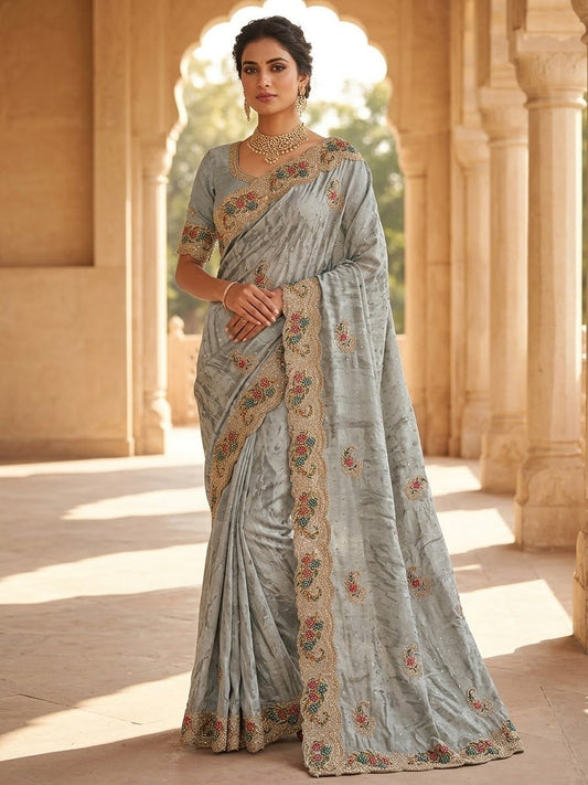 Light Grey - Fancy Party Saree with Blouse Piece - UK stock - 24hr Dispatch - SP2610 VK - Prachy Creations