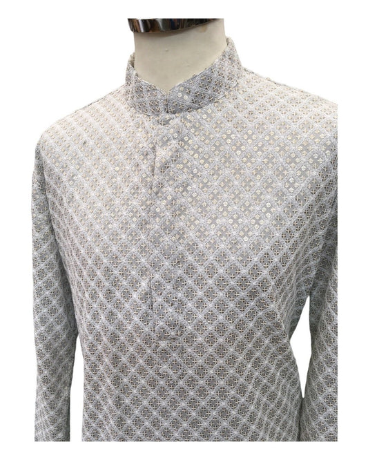Light Grey Fully Embroidered Mens Kurta Set - UK Stock - 24h Dispatch - MAHARAV VA 0223 - Prachy Creations