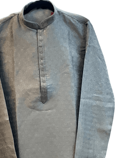 Light Grey / Silver - Men’s Embroidered Jacquard Kurta Set with Trousers - UK Stock - Weddings / Walimas , Sangeet, Diwali, Eid, Mehndi / Henna - VEE2725 VK - Prachy Creations