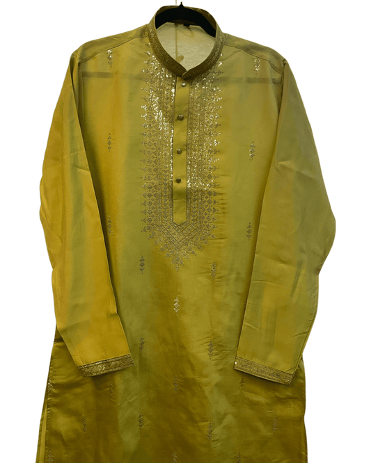 Light Olive Green - Soft Cotton Infused Mens Kurta Set with Rich Sequins Embroidery - Sangeet Mehendi Haldi - KCS3001 06KH26 - Prachy Creations