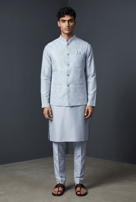 Light Pastel Blue - Mens Kurta Set with Rich Brocade Waistcoat - UK Stock - Quick Dispatch - SHU2603 05VV26 - Prachy Creations