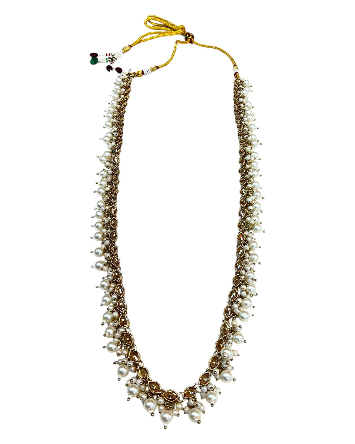 Light Pearl - Large Size Antique Gold Finish Long Necklace Set with Earrings - RAK408 KY 0525 - Prachy Creations