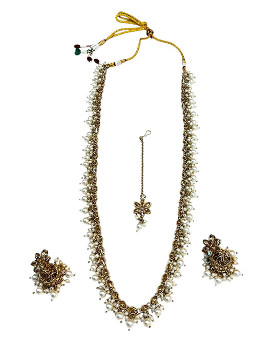 Light Pearl - Large Size Antique Gold Finish Long Necklace Set with Earrings - RAK408 KY 0525 - Prachy Creations