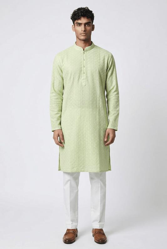 Light Pista Green - Rich Lucknowi Mens Indian Kurta set with Elasticated smart Pants - Weddings / Walimas , Sangeet, Eid, Mehndi / Henna - KCS1037 VR 0225 - Prachy Creations
