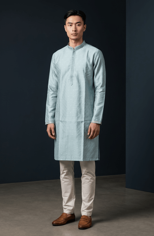 Light / Sky Blue- Banarasi Handloom Brocade Mens Indian Kurta set with Trousers - UK Stock - Weddings / Walimas , Sangeet, Diwali, Eid, Mehndi / Henna - VEE2602 VA - Prachy Creations