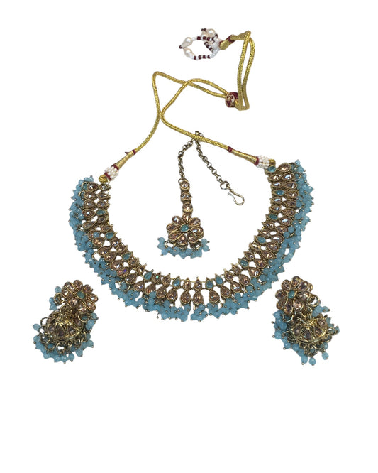 Light / Sky Blue - Medium Size Antique Gold Finish Necklace Set with Earrings - PRI1763 11H24 - Prachy Creations