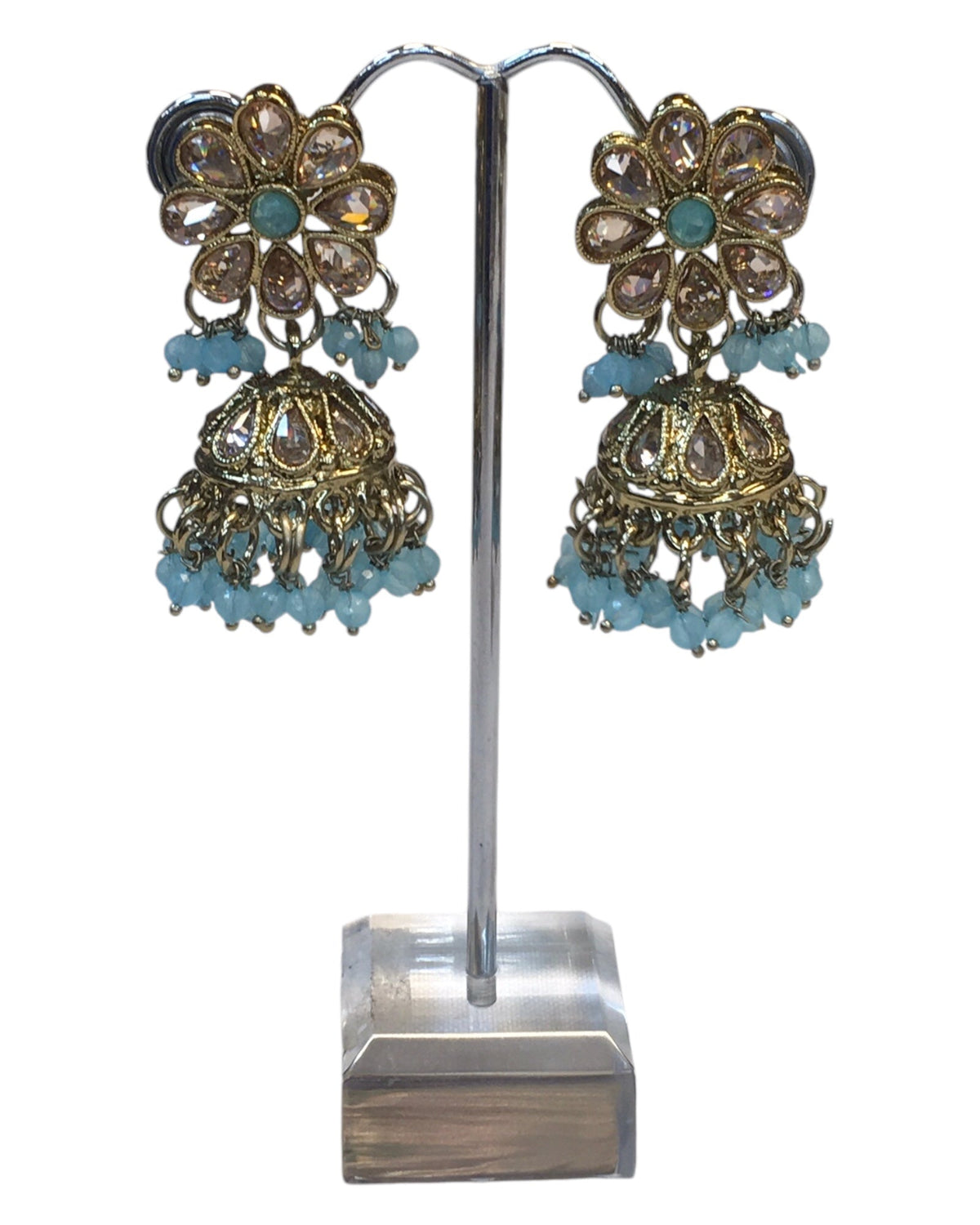 Light / Sky Blue - Medium Size Antique Gold Finish Necklace Set with Earrings - PRI1763 11H24 - Prachy Creations