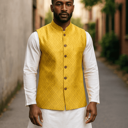 Light Yellow / Lemon - Banarasi Handloom Brocade Mens Waistcoat - KCS2506 05KJ25 - Prachy Creations