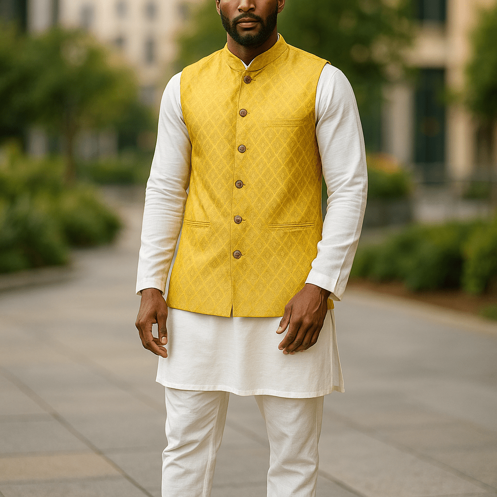 Light Yellow / Lemon - Banarasi Handloom Brocade Mens Waistcoat - KCS2506 05KJ25 - Prachy Creations