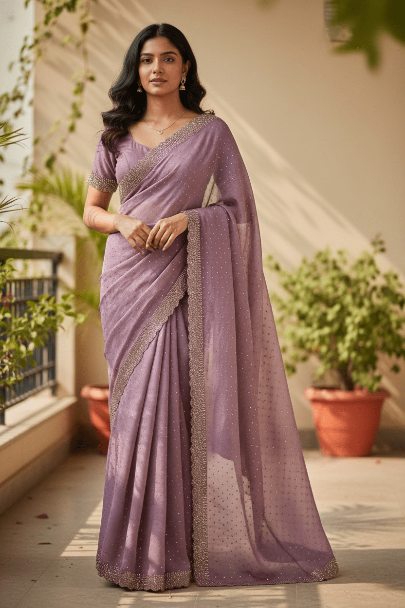 Lilac - Classic Satin Crepe Saree with Stone Work and Blouse Piece - UK stock - 24hr Dispatch - RS2533 VJ - Prachy Creations