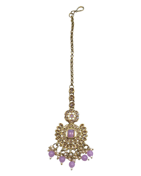 Lilac - Large - Antique Gold Finish Traditional Tika Head piece - Bollywood - Weddings - PRI1773 11V24 - Prachy Creations