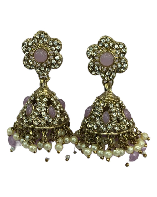 Lilac - Medium - Antique Finish Traditional Zhumki Earrings - Bollywood - Weddings - CH535 V 0724 - Prachy Creations