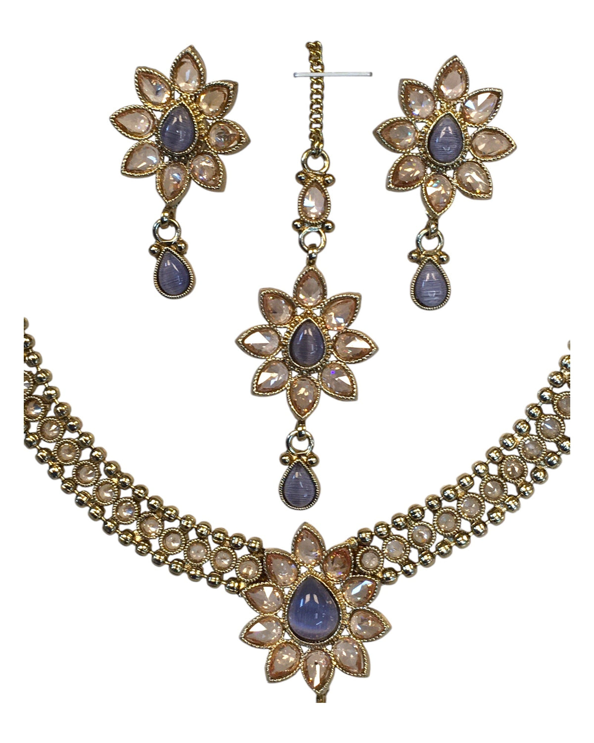 Lilac - Medium Size Antique Gold Finish Necklace Set with Earrings & Head Piece /Tika- SLV80 11H24 - Prachy Creations
