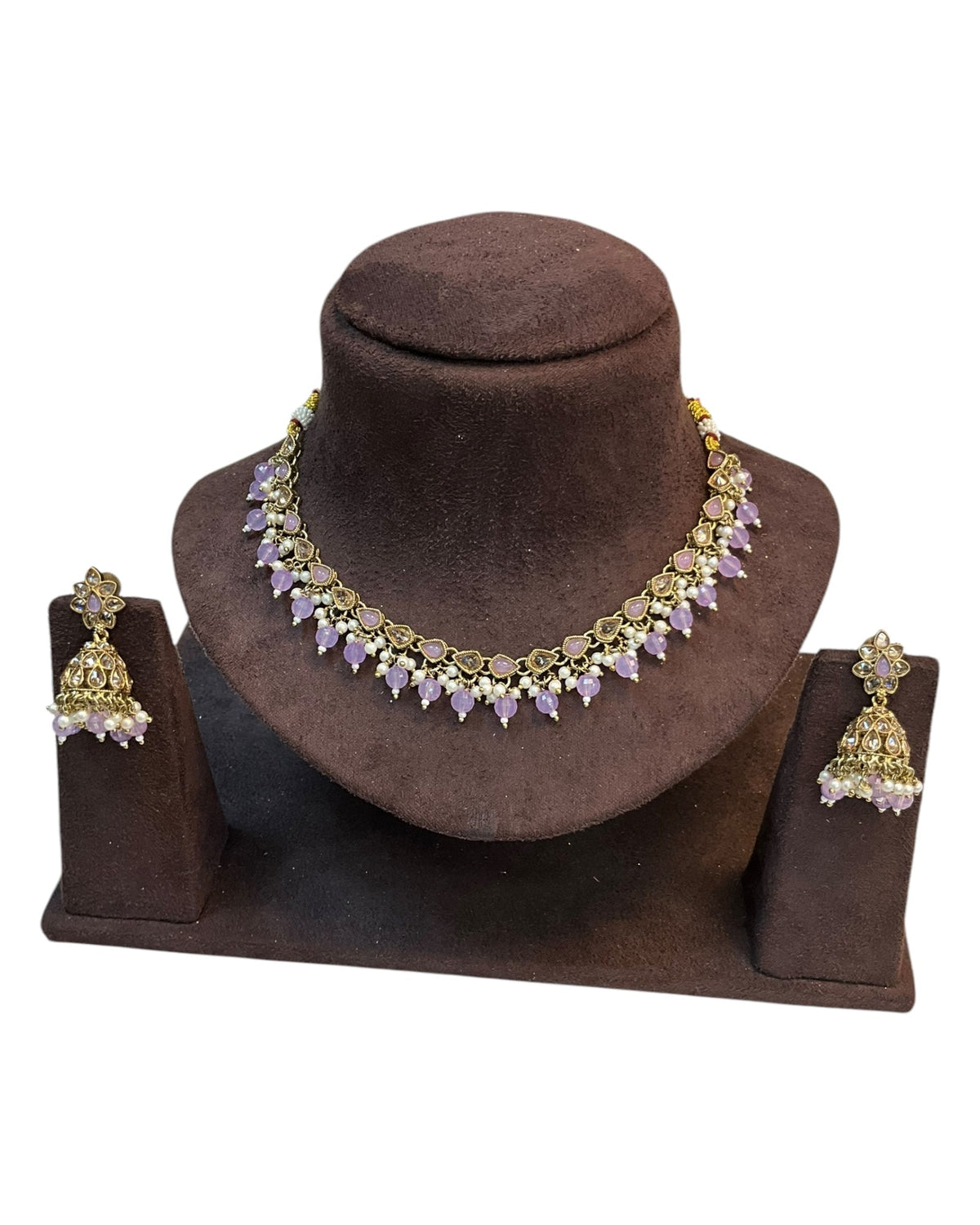 Lilac - Medium Size Antique Gold Finish Necklace Set with Earrings - RAK375 Pp - Prachy Creations