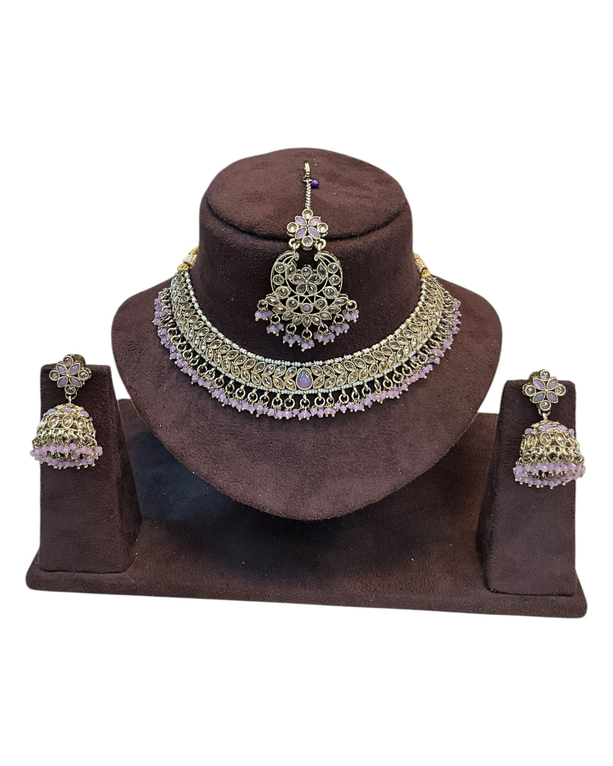 Lilac - Medium Size Antique Gold Finish Necklace Set with Earrings & Tika Head piece - GGA05 KV 0525 - Prachy Creations