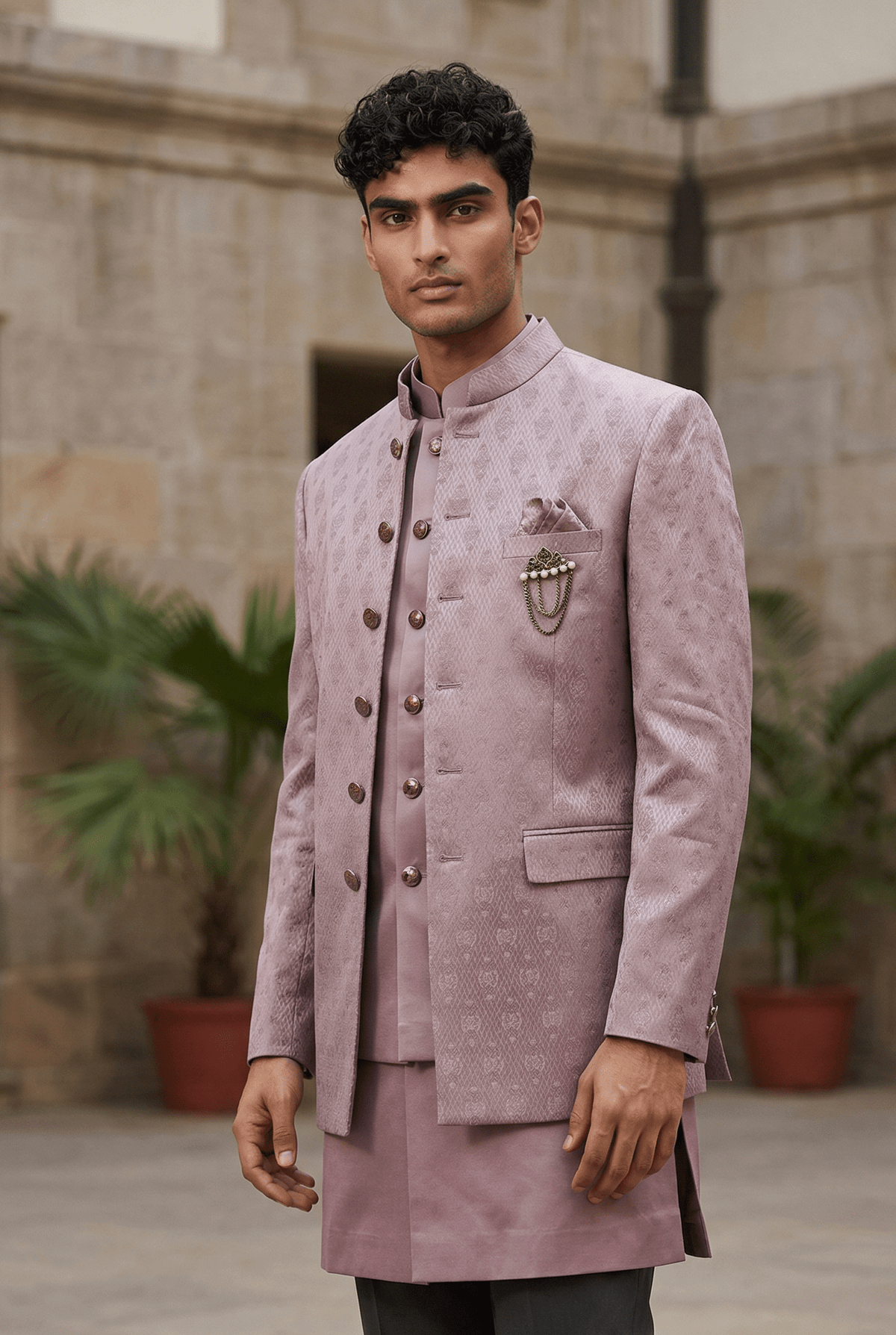 Lilac / Pink - PREMIUM Slim Fit Mens Self Brocade BandhGala / Prince / Chinese Collar Jacket with Long Waistcoat - Fantastic Fit - CS2505 01PY25 - Prachy Creations