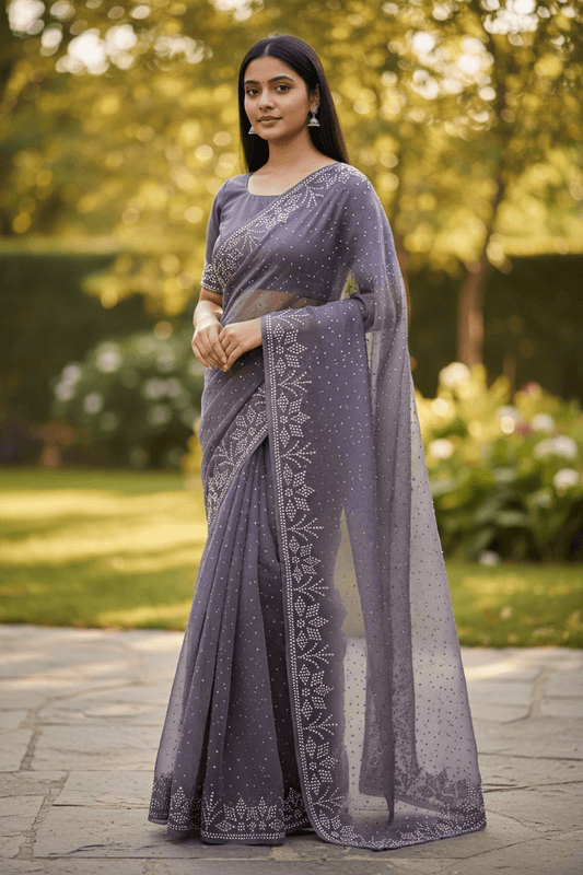Lilac - Rich Saree with Bead Embroidery and Blouse Piece - UK stock - 24hr Dispatch - RS2524 TY - Prachy Creations