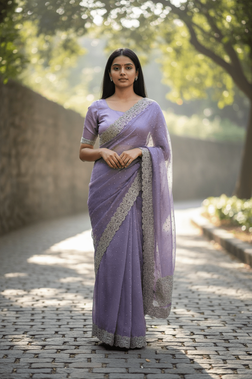 Lilac - Rich Saree with Thread / Stone Embroidery and Blouse Piece - UK stock - 24hr Dispatch - RS2525 VJ - Prachy Creations