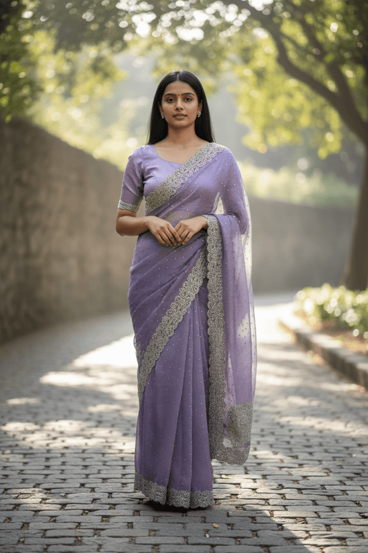 Lilac - Rich Saree with Thread / Stone Embroidery and Blouse Piece - UK stock - 24hr Dispatch - RS2525 VJ - Prachy Creations
