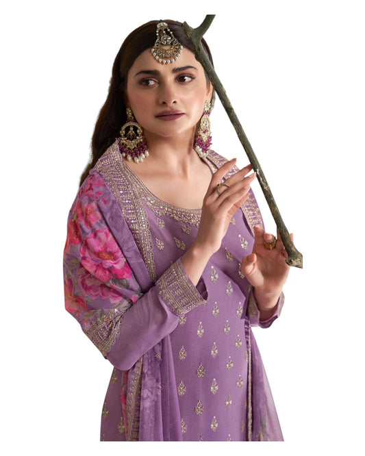 Lilac - Simple / Classy Ladies Indian Palazzo Trousers Suit with Rich Dupatta - Size 20 (46") - VF67836 TK1024 - Prachy Creations
