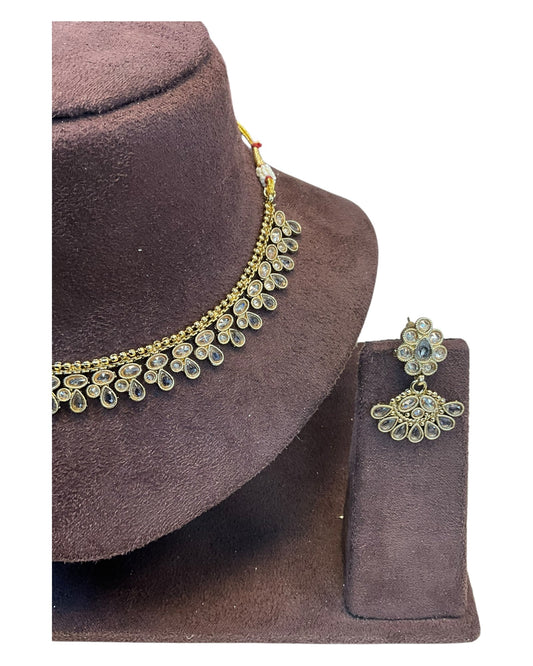 Lilac - Small Size Antique Gold Finish Necklace Set - AE2502 A 0525 - Prachy Creations