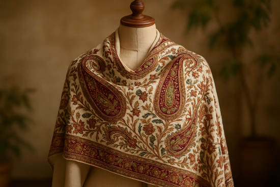 Luxurious Kashmiri shawl with intricate hand embroidery, draped on a mannequin, soft natural background, realistic style.