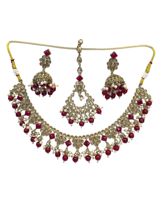 Magenta - Antique Gold Finish Necklace & Earrings Set - Bollywood - Weddings - KAJ1035 11KK24 - Prachy Creations