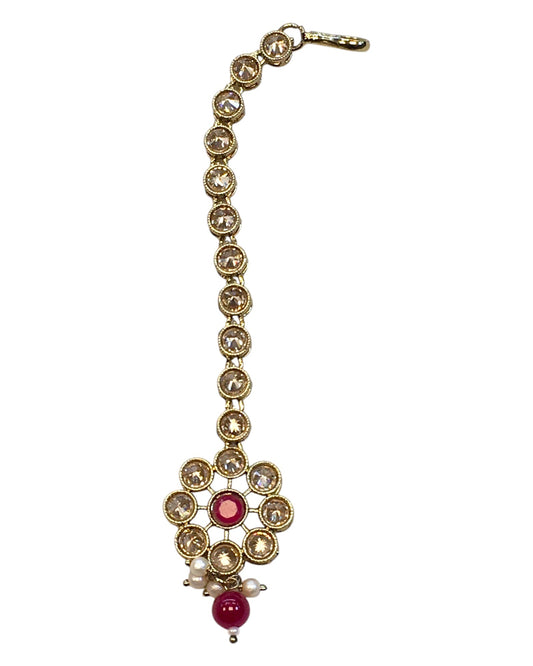 Magenta - Antique Gold Finish Small Size Tika Head Piece - Indian Ladies Fashion Jewellery - AE2432 11Vp24 - Prachy Creations