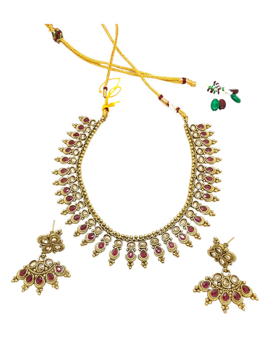 Magenta / Dark Pink - Small Size Antique Gold Finish Necklace Set with Earrings - Bollywood - AE2517 08A25 - Prachy Creations