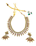Magenta / Dark Pink - Small Size Antique Gold Finish Necklace Set with Earrings - Bollywood - AE2517 08A25 - Prachy Creations