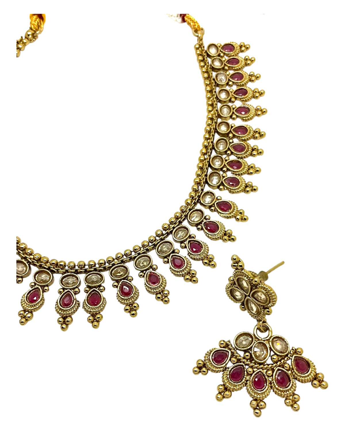 Magenta / Dark Pink - Small Size Antique Gold Finish Necklace Set with Earrings - Bollywood - AE2517 08A25 - Prachy Creations