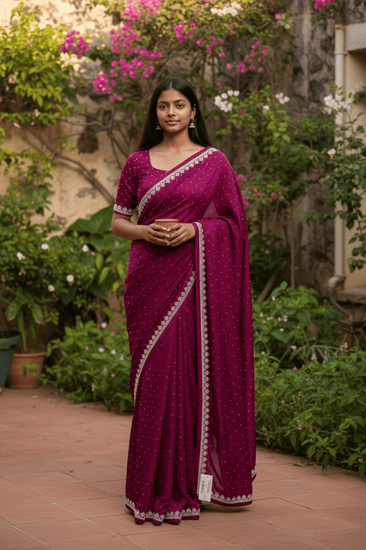 Magenta - Fancy Embroidered Saree with Blouse Piece - UK stock - 24hr Dispatch - SP250614 KC - Prachy Creations