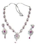 Magenta / Fuchsia - American Diamond Style Silver Finish Small Size Necklace Set with Earrings - AE2421 11R24 - Prachy Creations