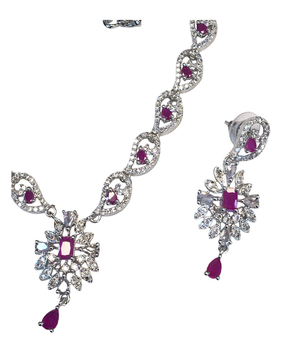 Magenta / Fuchsia - American Diamond Style Silver Finish Small Size Necklace Set with Earrings - AE2421 11R24 - Prachy Creations