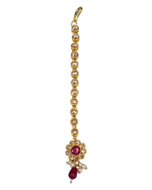 Magenta / Fuchsia - Gold Finish Small Size Tika Head Piece - Indian Ladies Fashion Jewellery - AE2436 11Vp24 - Prachy Creations