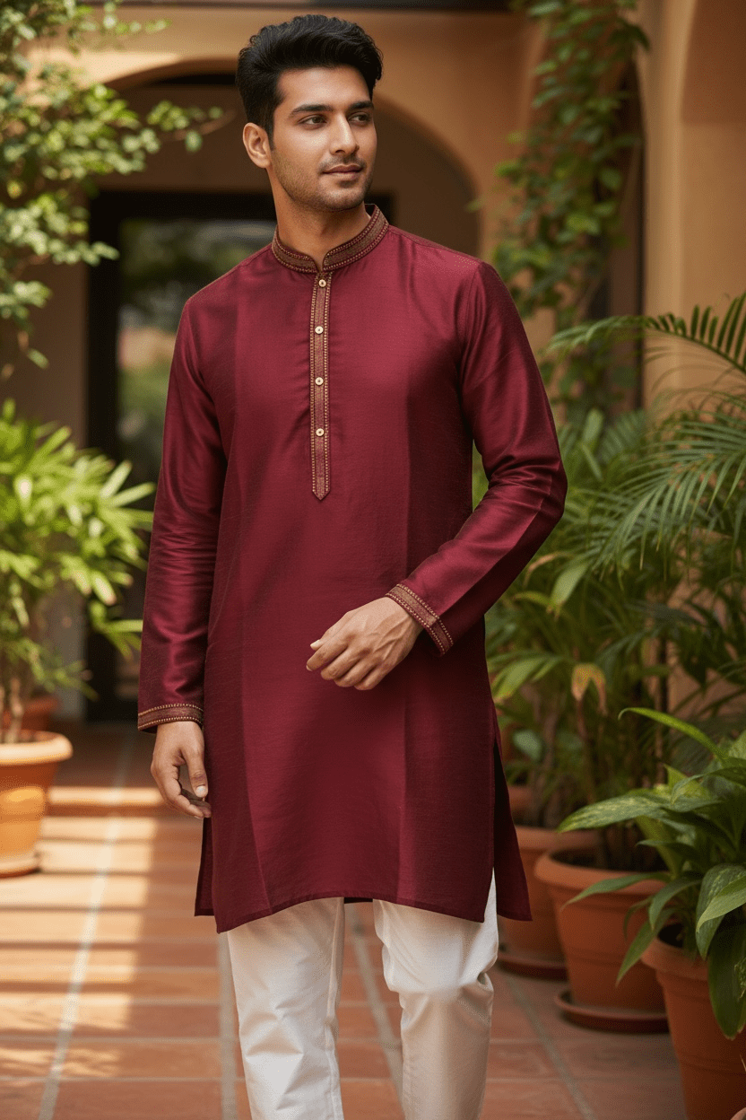 Magenta Fuchsia Pink - Banarasi Handloom Brocade Mens Indian Kurta set - UK Stock - Weddings / Walimas , Sangeet, Diwali, Eid, Mehndi / Henna - VEE2532 KR - Prachy Creations