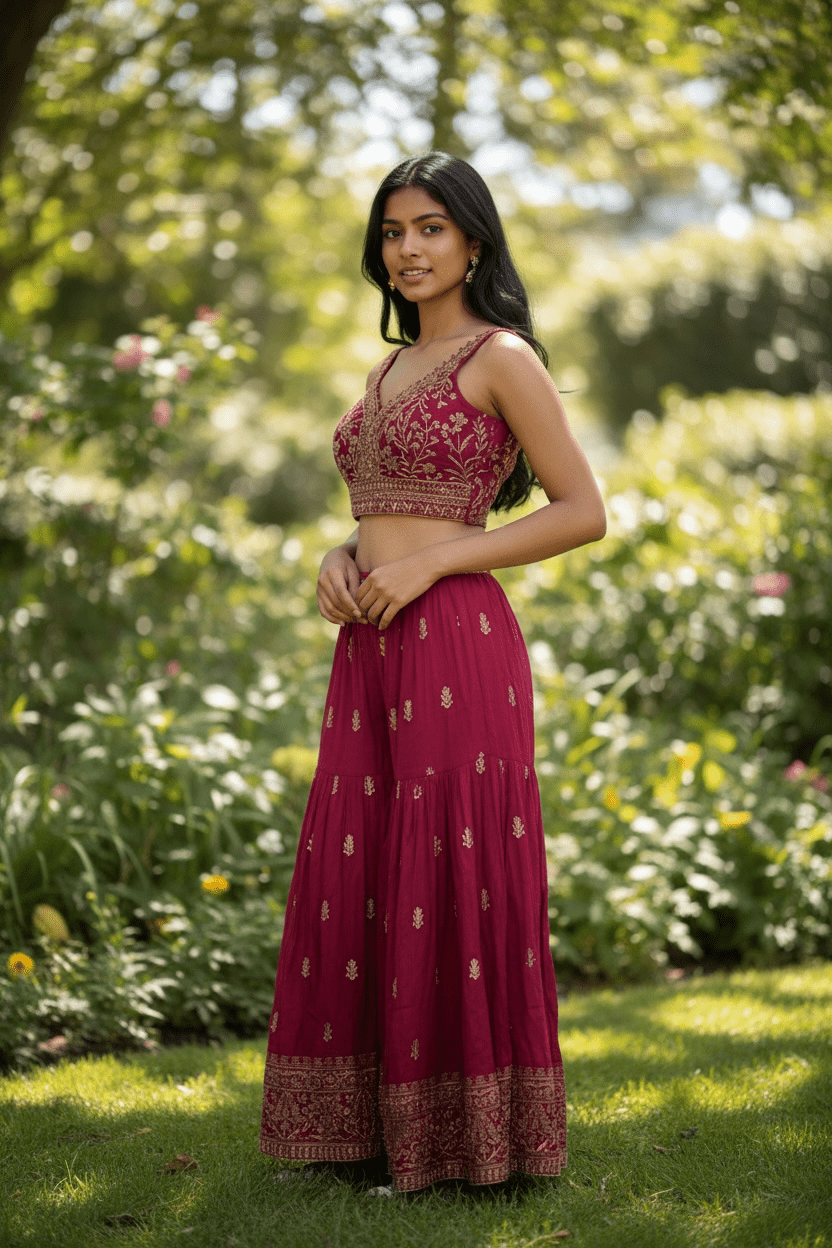 Magenta Fuchsia Pink - Designer Ladies Short Top Palazzo Trousers Suit - Size 10/12 (36"/38") - VMK PIHU AY - Prachy Creations