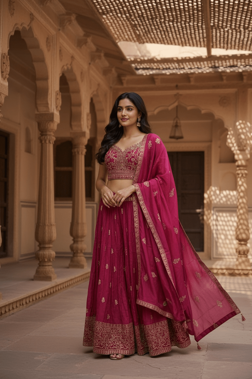 Magenta Fuchsia Pink - Designer Ladies Short Top Palazzo Trousers Suit - Size 10/12 (36"/38") - VMK PIHU AY - Prachy Creations