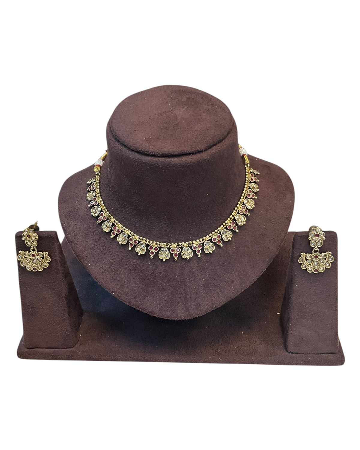 Magenta / Fuchsia - Small Size Antique Gold Finish Necklace Set - AE2504 R 0525 - Prachy Creations